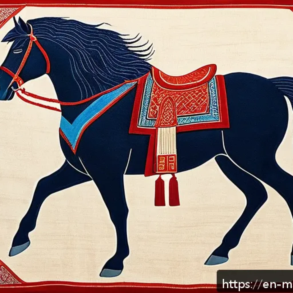 몽골 전통 문양 해석 - A detailed, vibrant illustration of a traditional Mongolian felt rug featuring a majestic horse moti...
