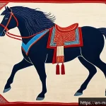 Home 20 몽골 전통 문양 해석 - A detailed, vibrant illustration of a traditional Mongolian felt rug featuring a majestic horse moti...