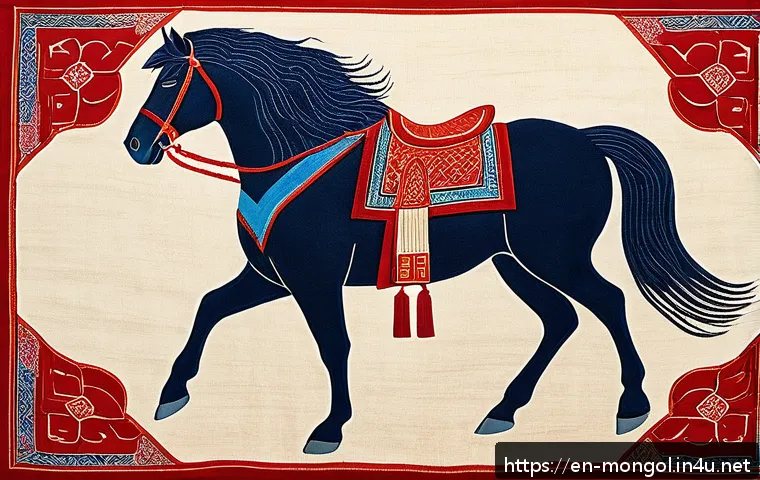 몽골 전통 문양 해석 - A detailed, vibrant illustration of a traditional Mongolian felt rug featuring a majestic horse moti...