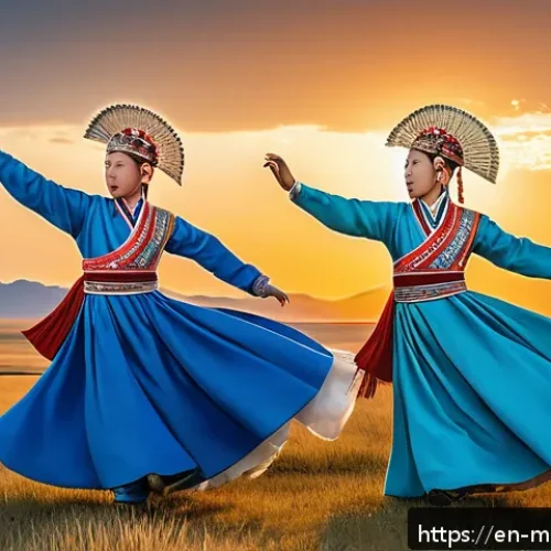 Home 30 몽골의 전통 춤의 의미 - A vivid scene of Mongolian traditional dancers performing on the vast open steppes at sunset, dresse...