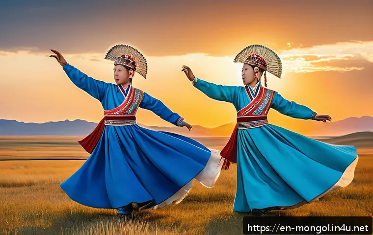 몽골의 전통 춤의 의미 - A vivid scene of Mongolian traditional dancers performing on the vast open steppes at sunset, dresse...