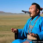 Home 23 몽골 전통 악기 연주 배우기 - A skilled Mongolian throat singer performing Khoomei outdoors on a vast steppe under a clear blue sk...