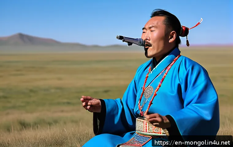몽골 전통 악기 연주 배우기 - A skilled Mongolian throat singer performing Khoomei outdoors on a vast steppe under a clear blue sk...