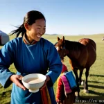 몽골 유목민과 교류하는 법 - Photorealistic documentary scene on the Mongolian steppe at golden morning light, a respectful trave...