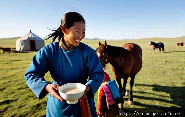 몽골 유목민과 교류하는 법 - Photorealistic documentary scene on the Mongolian steppe at golden morning light, a respectful trave...