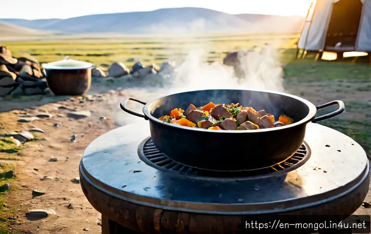 몽골 전통 음식 흐르흐 - Photorealistic Mongolian khorkhog meal prepared in a large open metal cooking pot, tender lamb piece...