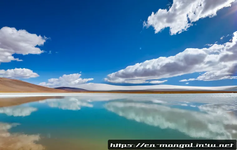 Home 33 몽골 소금 호수 - Photorealistic panoramic view of a remote Mongolian salt lake, vast white salt-crusted shoreline mee...