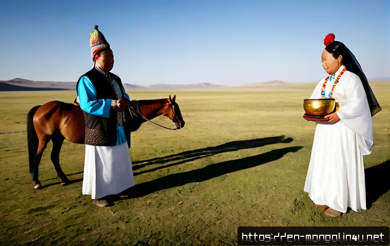 Home 32 몽골의 전통 의식 - Photorealistic Mongolian traditional wedding ceremony outside a white ger on the open steppe, bride ...