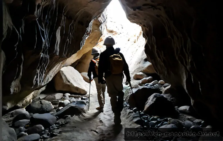 Home 31 몽골 동굴 탐험 - Photorealistic wide-angle view inside a vast Mongolian limestone cave, two fully clothed adult explo...