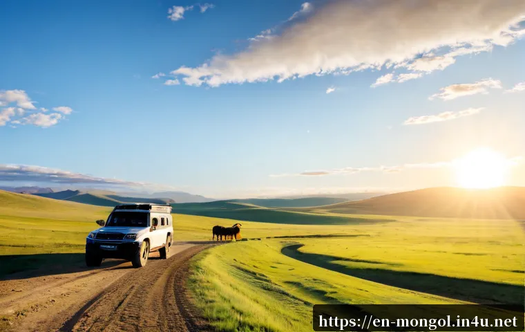 Home 30 몽골 동부 초원 탐험 - Photorealistic panoramic view of Mongolia’s eastern steppe at sunrise, a lone off-road expedition ve...