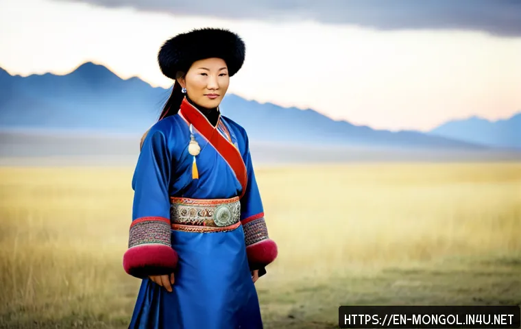 Home 17 몽골 전통 의복의 상징성 - Photorealistic editorial portrait of a Mongolian woman standing on open steppe at sunrise, wearing a...