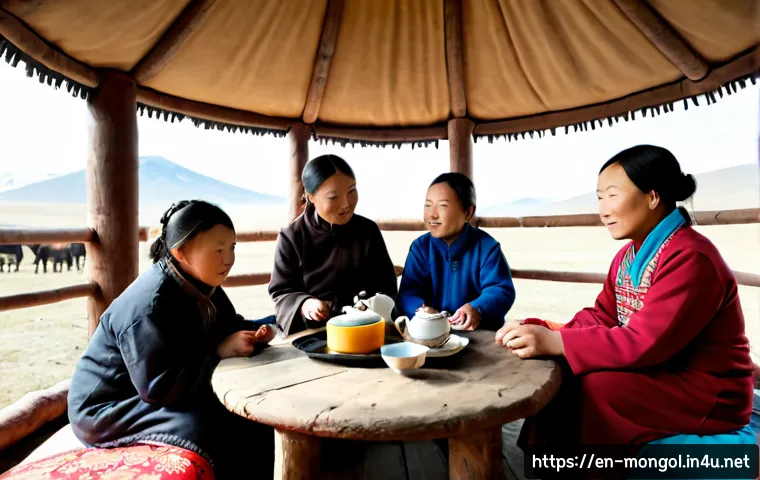 몽골의 전통적 가족 가치 - Photorealistic documentary-style scene of a multigenerational Mongolian family sharing tea and tradi...