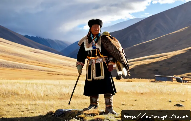 Home 17 몽골 황금 독수리 축제 - Photorealistic golden eagle festival in the Mongolian Altai Mountains, a Kazakh eagle hunter in rich...