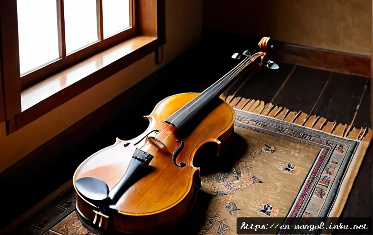 Home 17 몽골 전통 악기의 종류 - Photorealistic studio still life of a traditional Mongolian morin khuur, the horsehead fiddle standi...