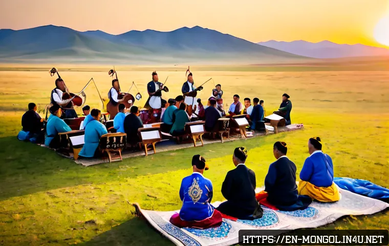 Home 17 몽골 음악 축제 - Photorealistic Mongolian music festival at sunset on the open steppe, traditional musicians in color...