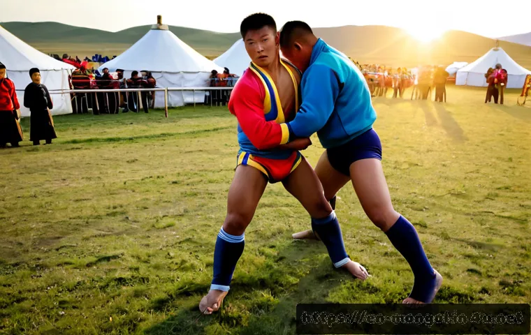 Home 17 몽골에서의 주요 운동 종목 - Photorealistic Mongolian wrestling match at a traditional summer festival, two adult athletes wearin...